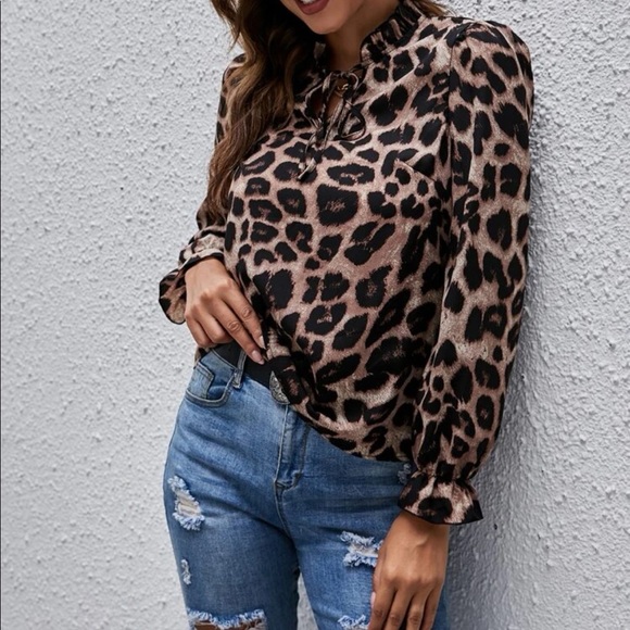 Camel black boho leopard print button up blouse - Picture 6 of 14